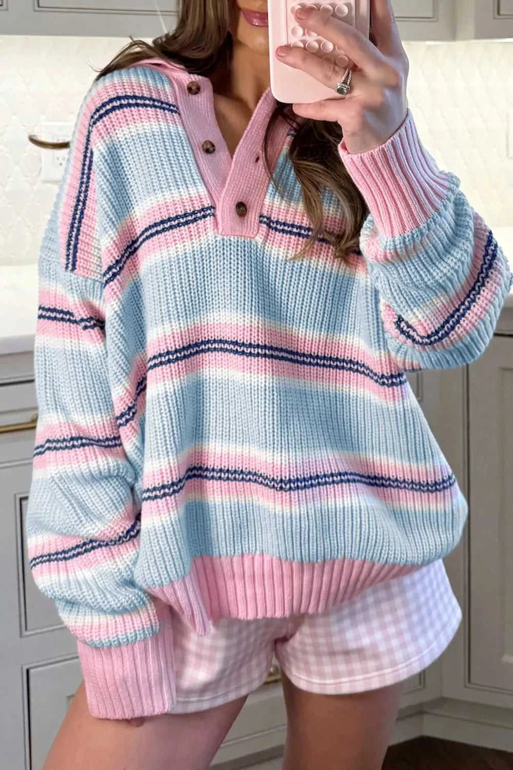 Stripe Striped Button Collar Long Sleeve Shift Fit Winter Knitwear Sweater 100100903997035 56 Affordable Fashion Under $100 Jerry's Apparel 