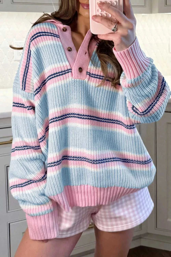 Stripe Striped Button Collar Long Sleeve Shift Fit Winter Knitwear Sweater 100100903997035 56 Affordable Fashion Under $100 Jerry's Apparel 