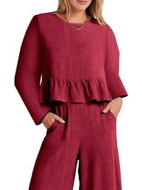 Full Size Ruffled Hem Long Sleeve Top and Pants Set Plus Size 100100344916700 44 Affordable Fashion Under $100 Jerry's Apparel 