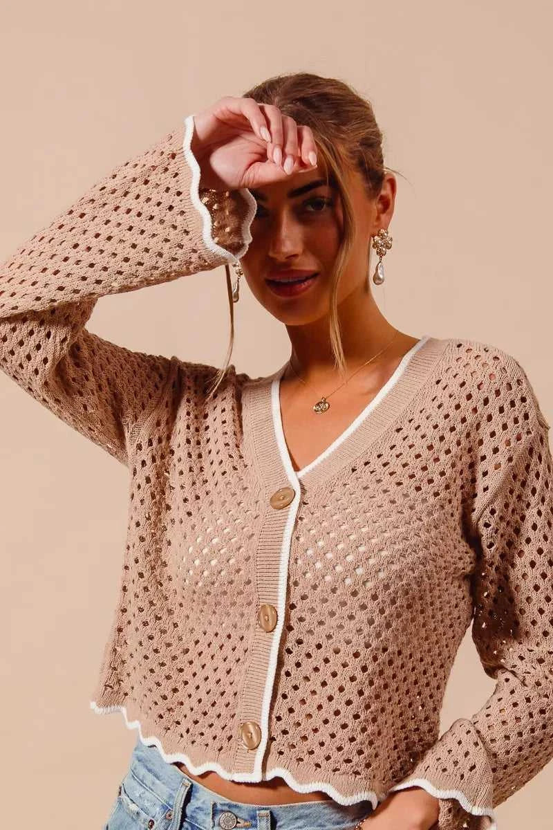 SO ME Open Knit Light Weight Sweater Cardigan With Contrast Wavy Scallop Edge 100100641861665 41 Affordable Fashion Under $100 Jerry's Apparel 