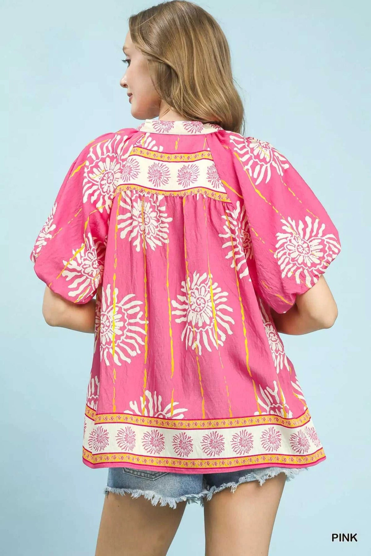 Umgee Floral Border Smocked V-Neck Boho Blouse 100100967591595 49 Affordable Fashion Under $100 Jerry's Apparel 