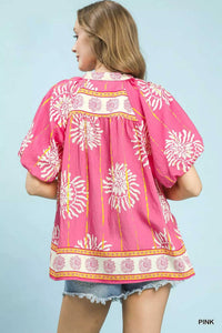 Umgee Floral Border Smocked V-Neck Boho Blouse 100100967591595 49 Affordable Fashion Under $100 Jerry's Apparel 