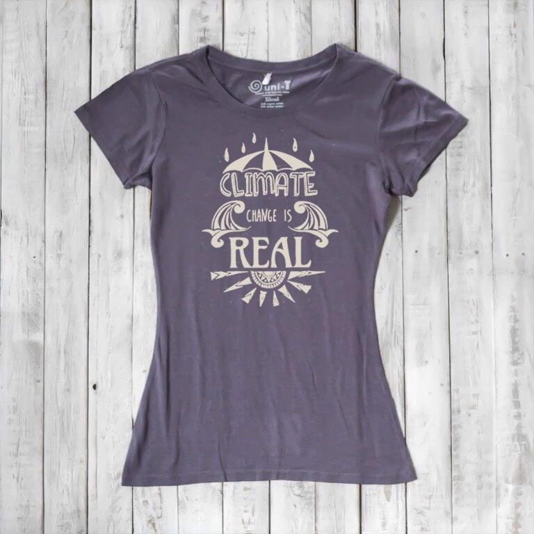 Uni-T Women's Bamboo Climate Change Awareness T-Shirt – Environmental Statement Graphic Tee "Climate Change is Real"