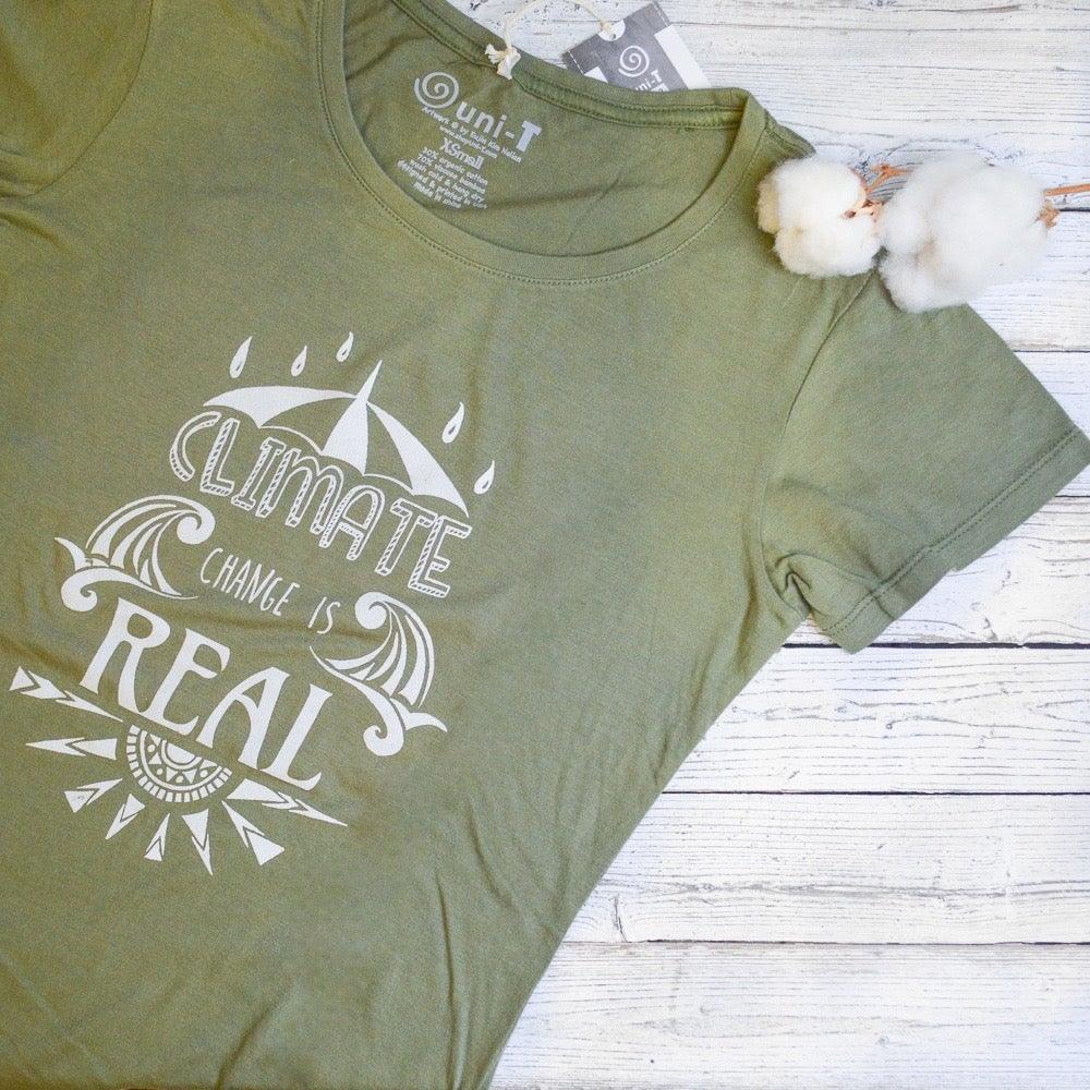 Uni-T Women's Bamboo Climate Change Awareness T-Shirt – Environmental Statement Graphic Tee "Climate Change is Real"