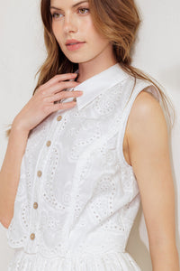 LEAF KISS WHITE WOVEN EYELET MINI DRESS