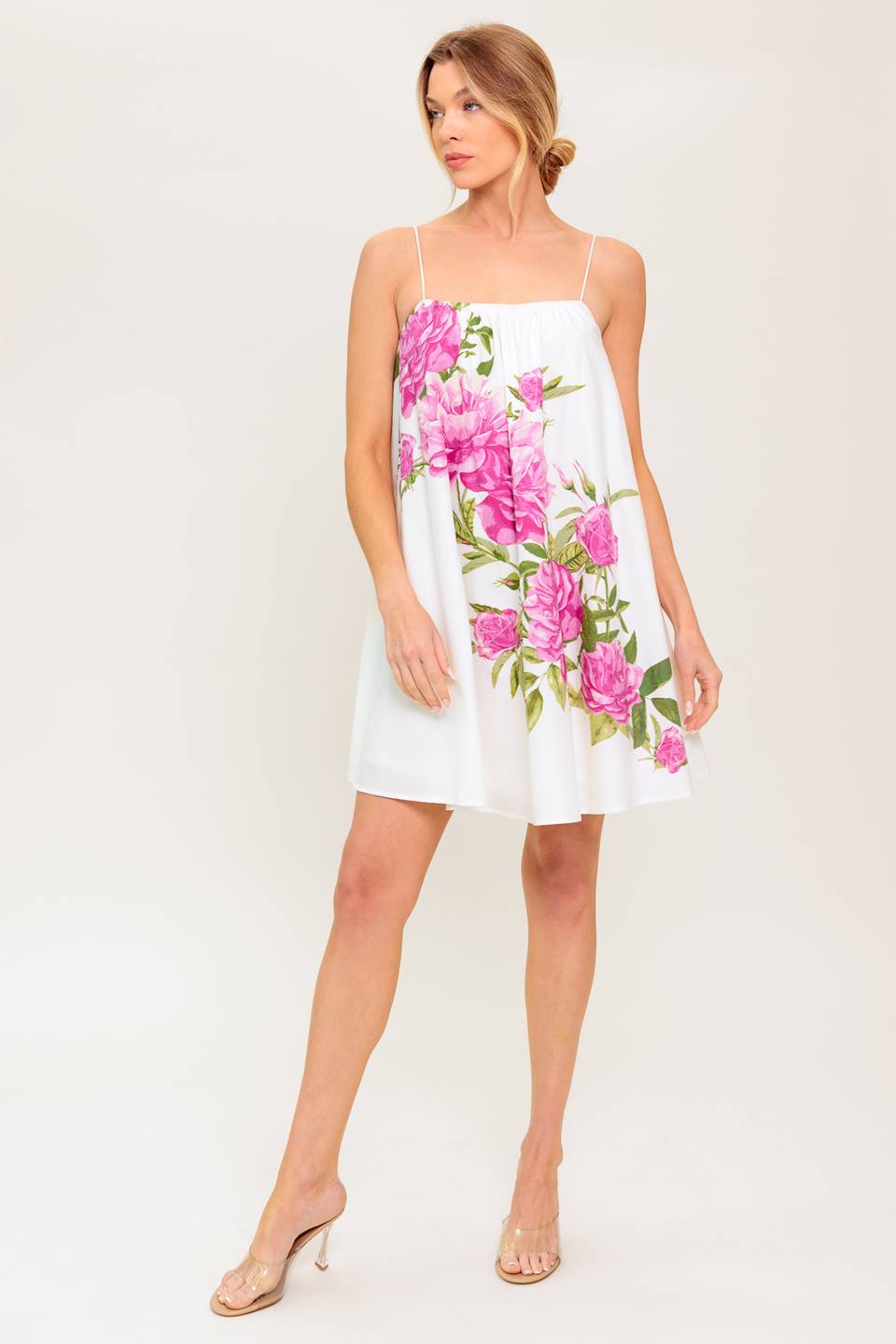 GARDEN WHISPERS PINK FLORAL WOVEN MINI DRESS