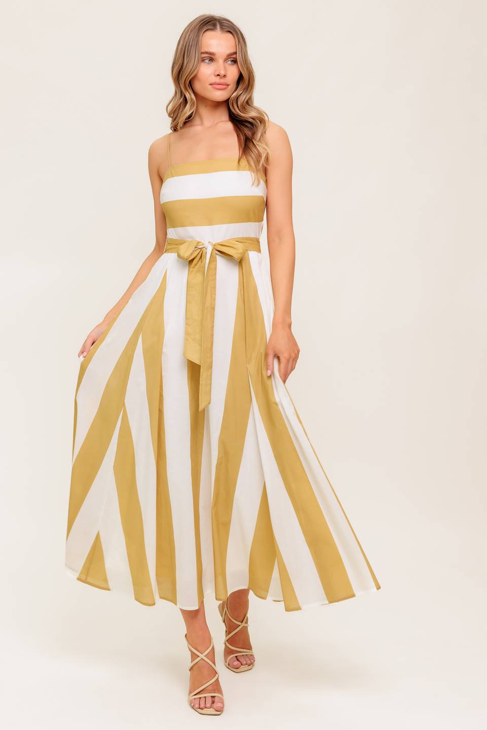 SOFT HORIZON TAUPE WOVEN MIDI DRESS