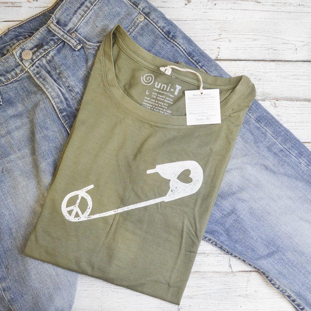 Uni-T Women’s Bamboo Peace & Love T-Shirt – Solidarity Graphic Tee “Safety Pin”