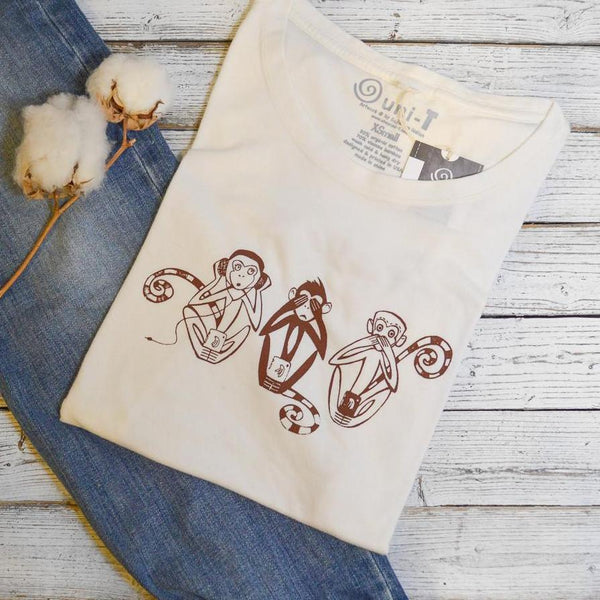 Uni-T Women's Bamboo Three Wise Monkeys Graphic Tee – Artistic Eco-Friendly Shirt "See No Evil Hear No Evil Speak No Evil"