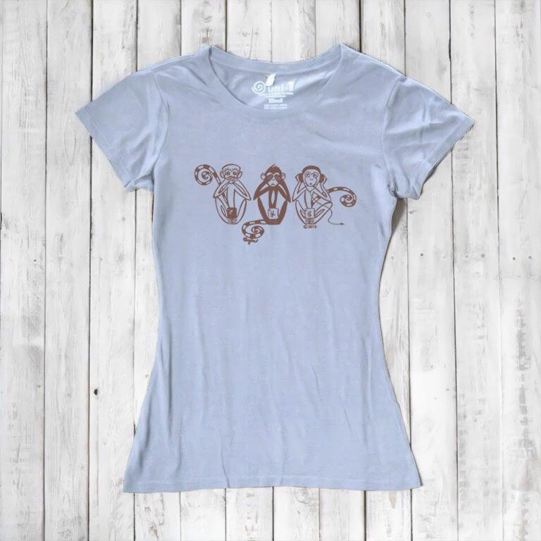 Uni-T Women's Bamboo Three Wise Monkeys Graphic Tee – Artistic Eco-Friendly Shirt "See No Evil Hear No Evil Speak No Evil"