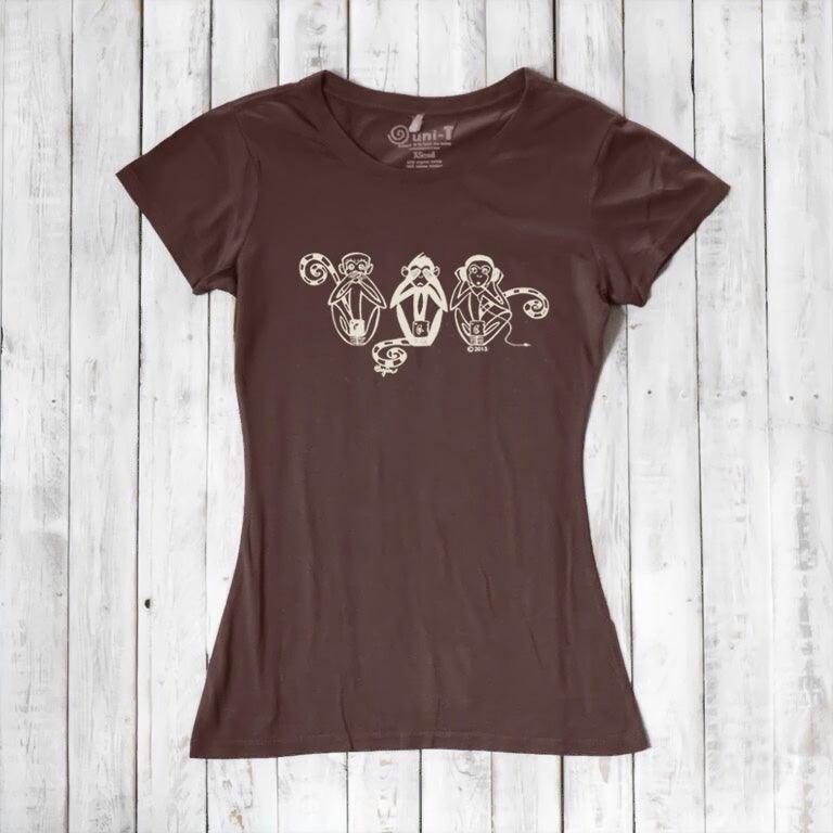 Uni-T Women's Bamboo Three Wise Monkeys Graphic Tee – Artistic Eco-Friendly Shirt "See No Evil Hear No Evil Speak No Evil"