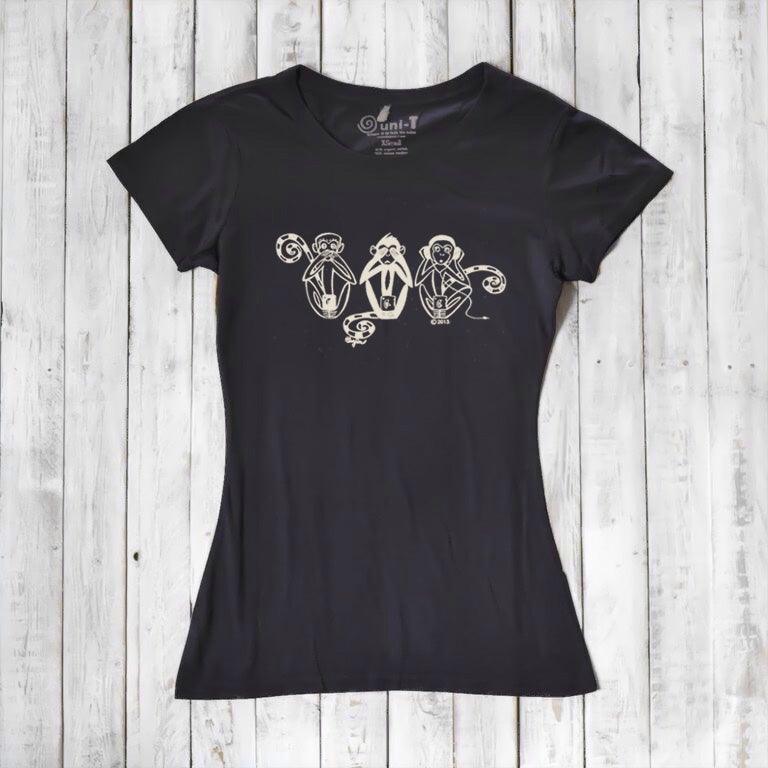 Uni-T Women's Bamboo Three Wise Monkeys Graphic Tee – Artistic Eco-Friendly Shirt "See No Evil Hear No Evil Speak No Evil"
