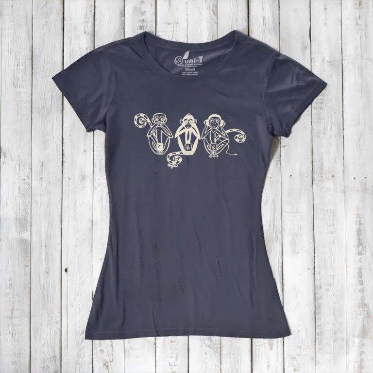 Uni-T Women's Bamboo Three Wise Monkeys Graphic Tee – Artistic Eco-Friendly Shirt "See No Evil Hear No Evil Speak No Evil"