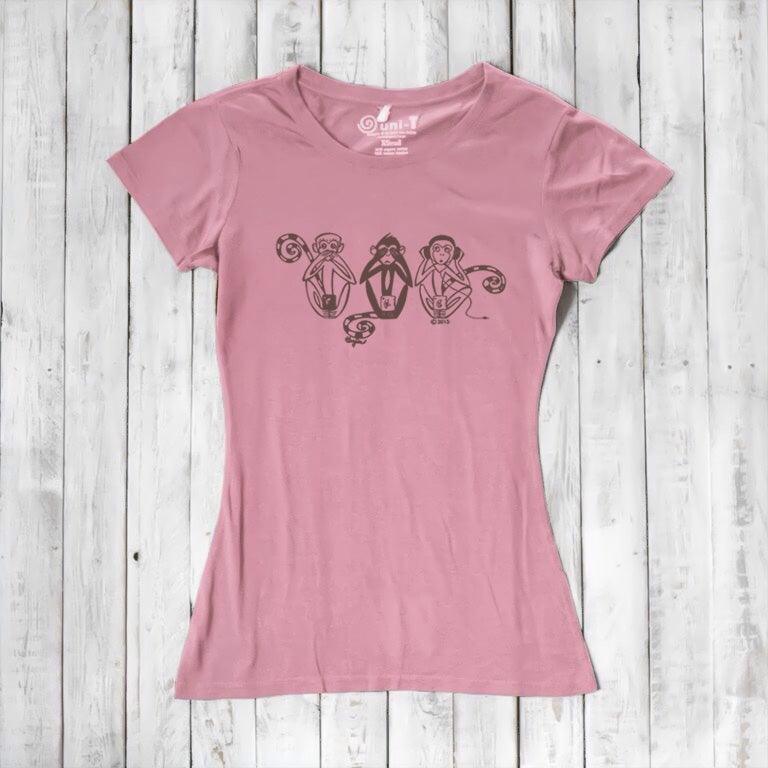Uni-T Women's Bamboo Three Wise Monkeys Graphic Tee – Artistic Eco-Friendly Shirt "See No Evil Hear No Evil Speak No Evil"