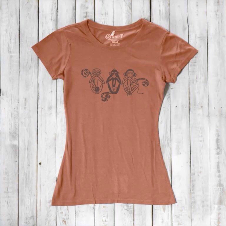 Uni-T Women's Bamboo Three Wise Monkeys Graphic Tee – Artistic Eco-Friendly Shirt "See No Evil Hear No Evil Speak No Evil"