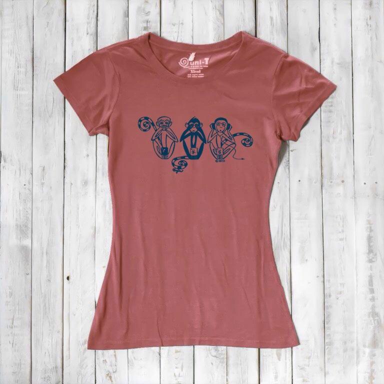 Uni-T Women's Bamboo Three Wise Monkeys Graphic Tee – Artistic Eco-Friendly Shirt "See No Evil Hear No Evil Speak No Evil"