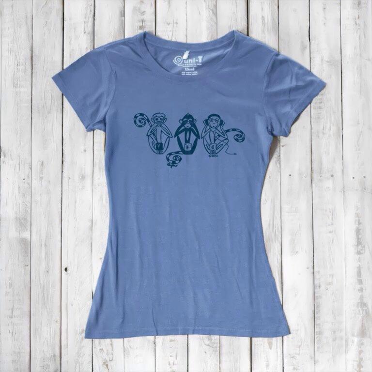 Uni-T Women's Bamboo Three Wise Monkeys Graphic Tee – Artistic Eco-Friendly Shirt "See No Evil Hear No Evil Speak No Evil"