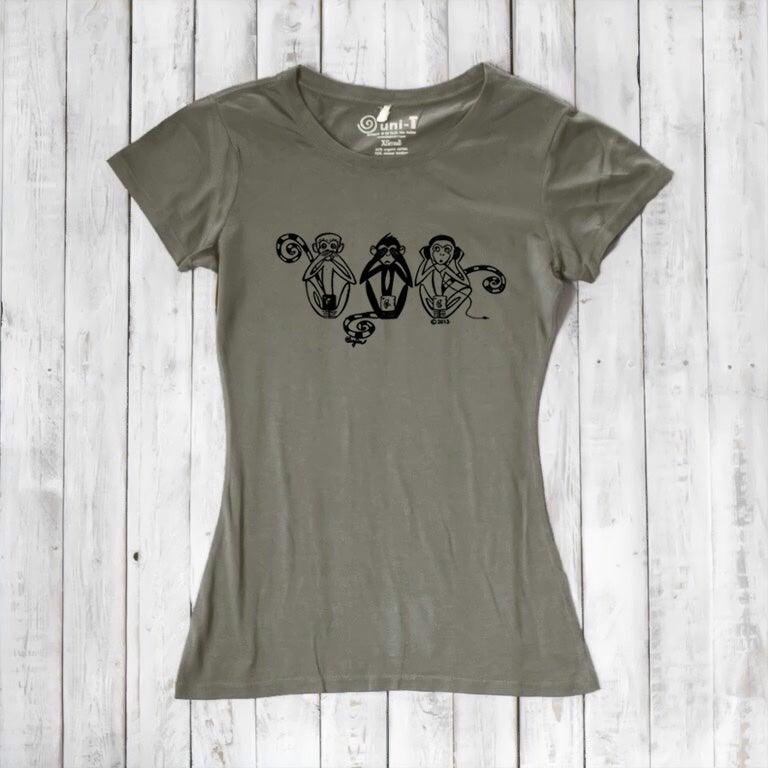 Uni-T Women's Bamboo Three Wise Monkeys Graphic Tee – Artistic Eco-Friendly Shirt "See No Evil Hear No Evil Speak No Evil"