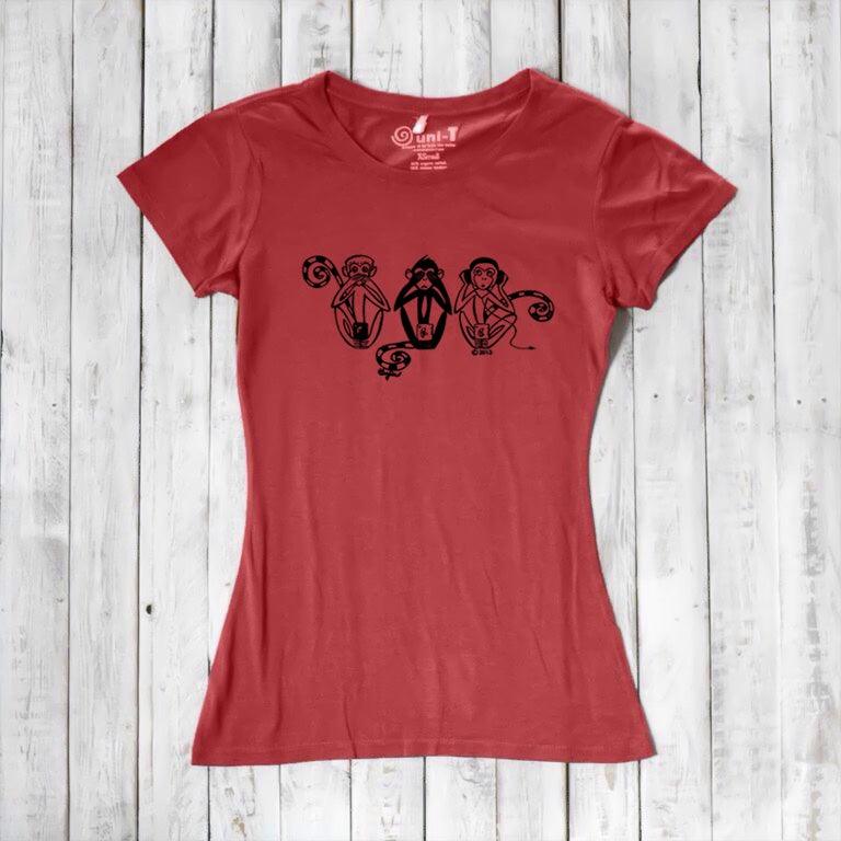 Uni-T Women's Bamboo Three Wise Monkeys Graphic Tee – Artistic Eco-Friendly Shirt "See No Evil Hear No Evil Speak No Evil"