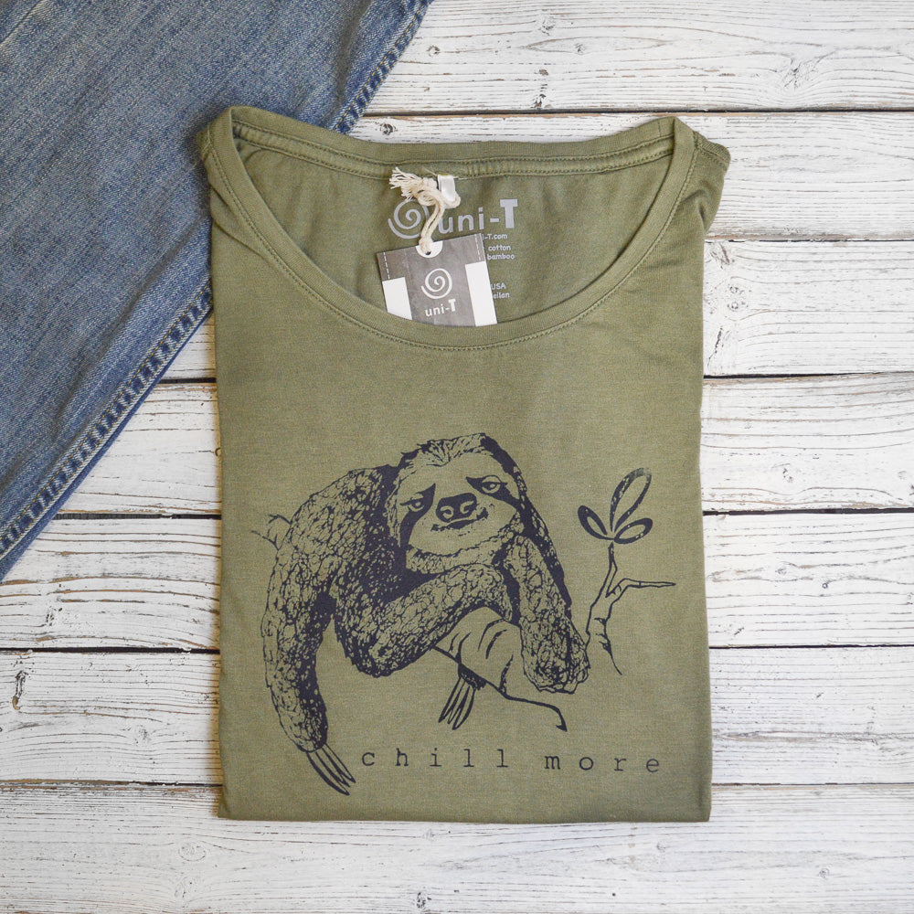 Uni-T Women’s Bamboo Organic Cotton Sloth Graphic Tee – Sustainable Shirt “Chill More.”