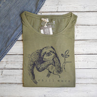 Uni-T Women’s Bamboo Organic Cotton Sloth Graphic Tee – Sustainable Shirt “Chill More.”