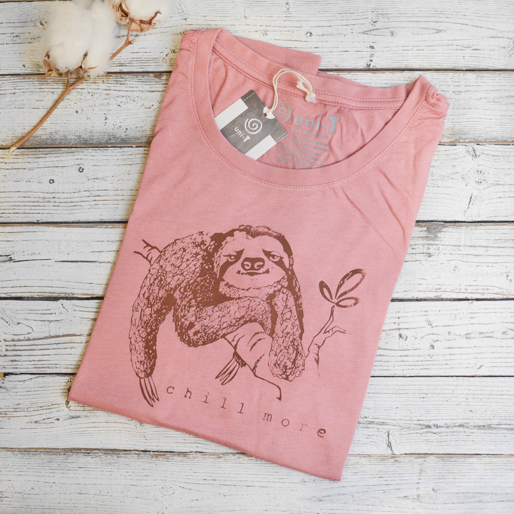 Uni-T Women’s Bamboo Organic Cotton Sloth Graphic Tee – Sustainable Shirt “Chill More.”