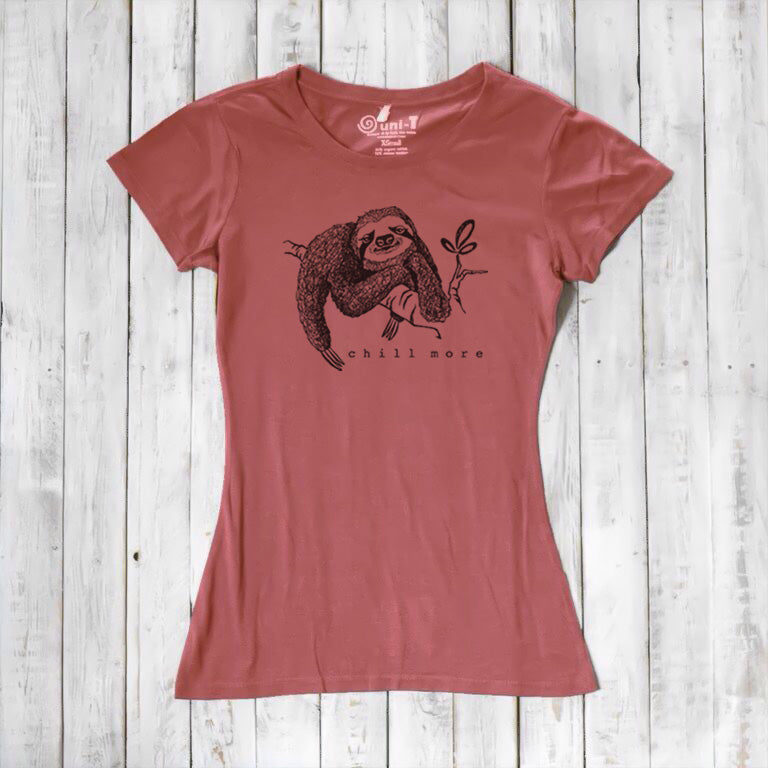 Uni-T Women’s Bamboo Organic Cotton Sloth Graphic Tee – Sustainable Shirt “Chill More.”