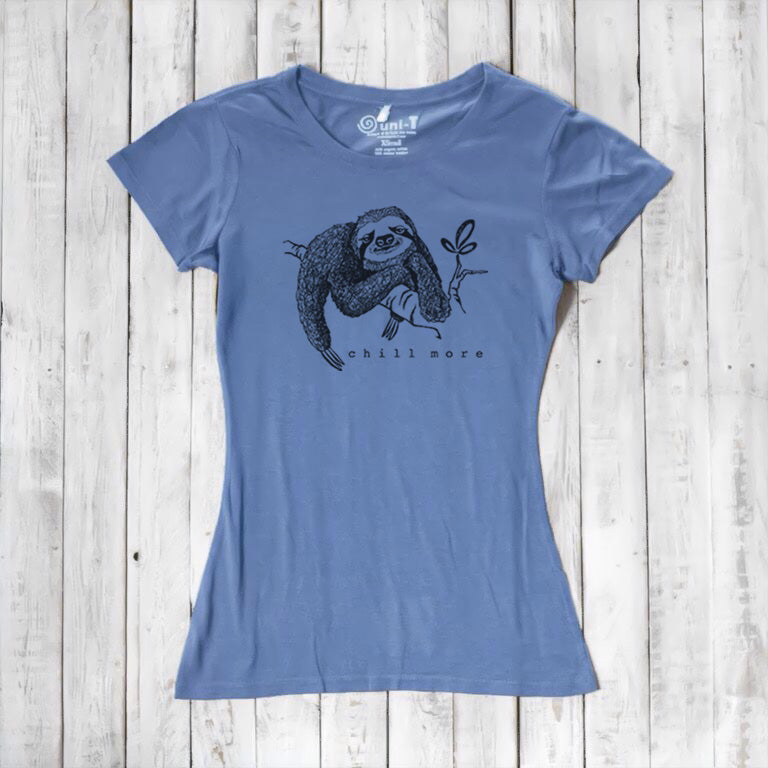 Uni-T Women’s Bamboo Organic Cotton Sloth Graphic Tee – Sustainable Shirt “Chill More.”