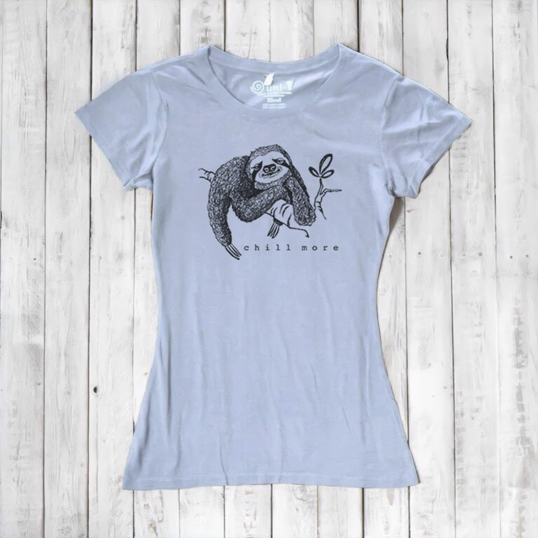 Uni-T Women’s Bamboo Organic Cotton Sloth Graphic Tee – Sustainable Shirt “Chill More.”