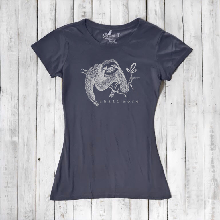 Uni-T Women’s Bamboo Organic Cotton Sloth Graphic Tee – Sustainable Shirt “Chill More.”