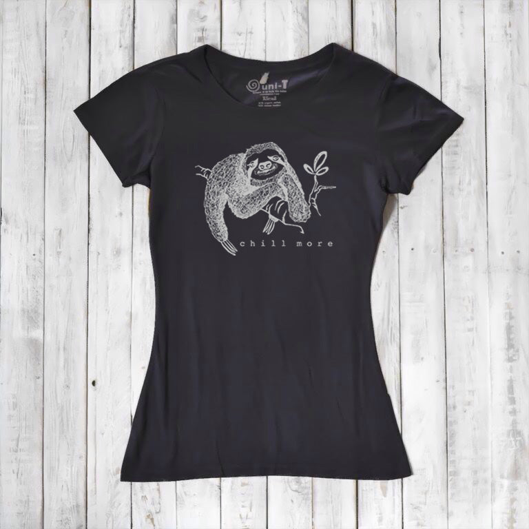 Uni-T Women’s Bamboo Organic Cotton Sloth Graphic Tee – Sustainable Shirt “Chill More.”