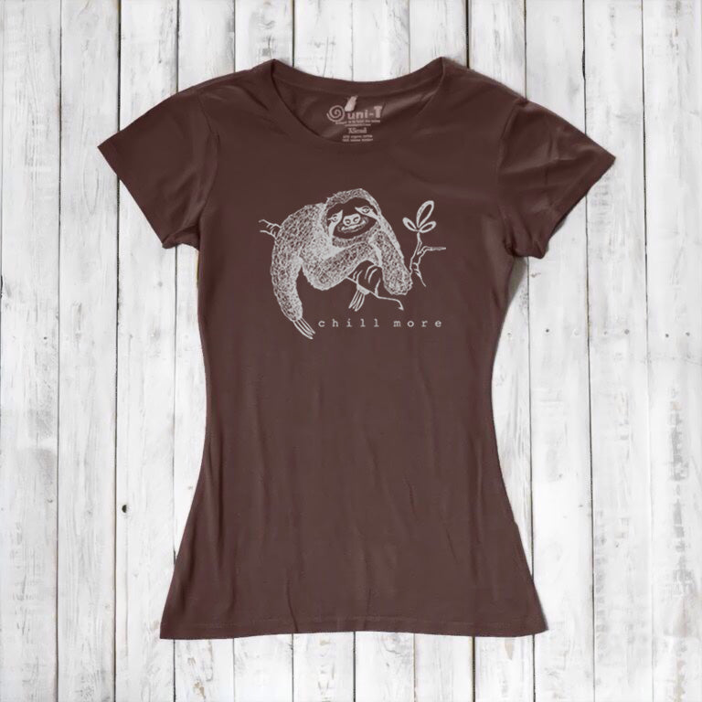 Uni-T Women’s Bamboo Organic Cotton Sloth Graphic Tee – Sustainable Shirt “Chill More.”