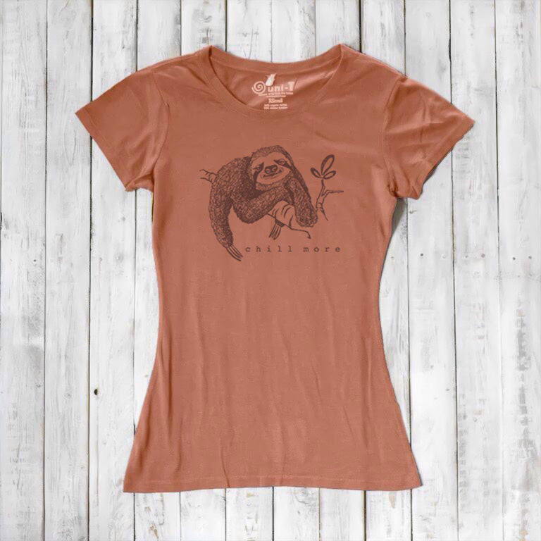 Uni-T Women’s Bamboo Organic Cotton Sloth Graphic Tee – Sustainable Shirt “Chill More.”