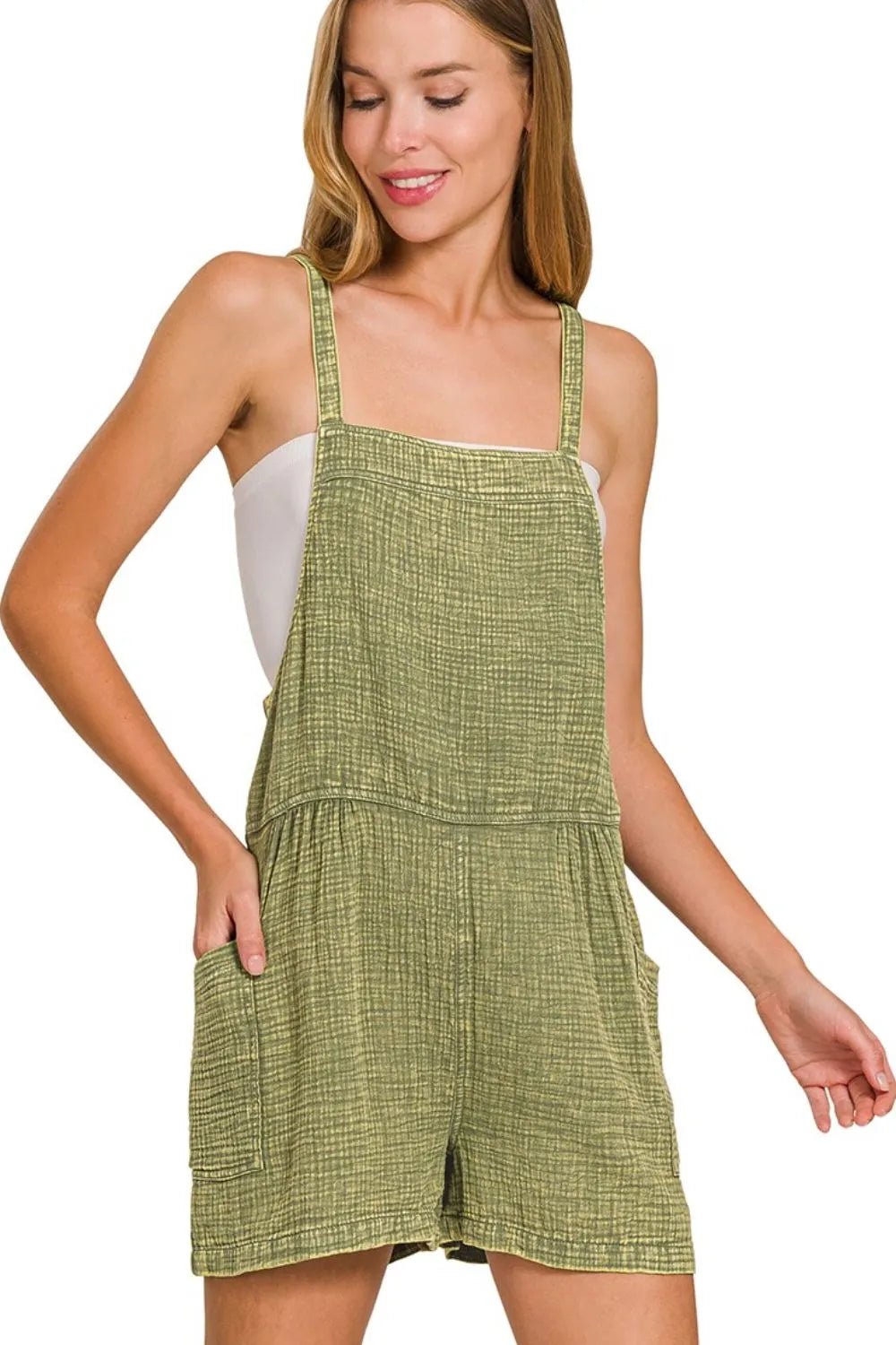 Zenana Washed Double Gauze Tie Back Rompers