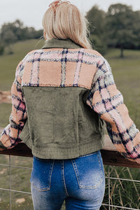 Plaid Corduroy Flap Pockets Button Up Jacket