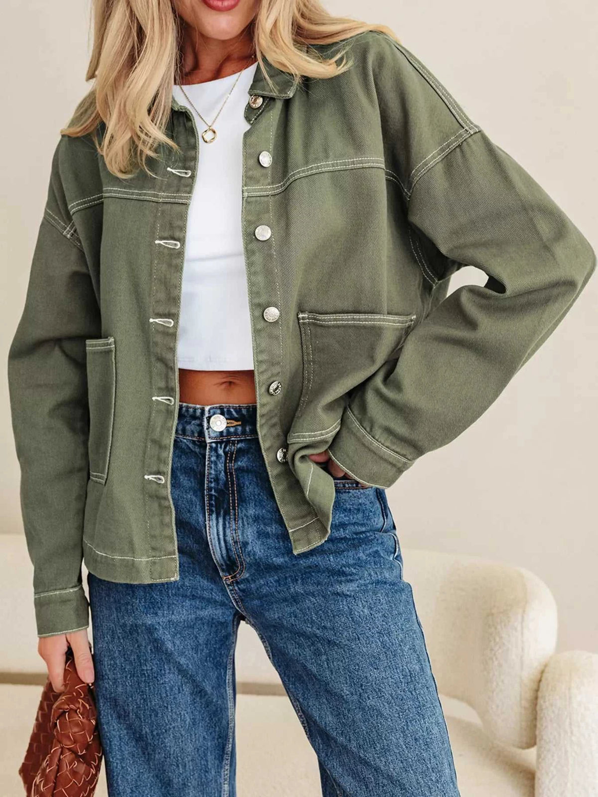 Patched Pocket Collared Button Front Boyfriend Denim Jacket 100100355837828 73 Affordable Fashion Under $100 Jerry's Apparel 