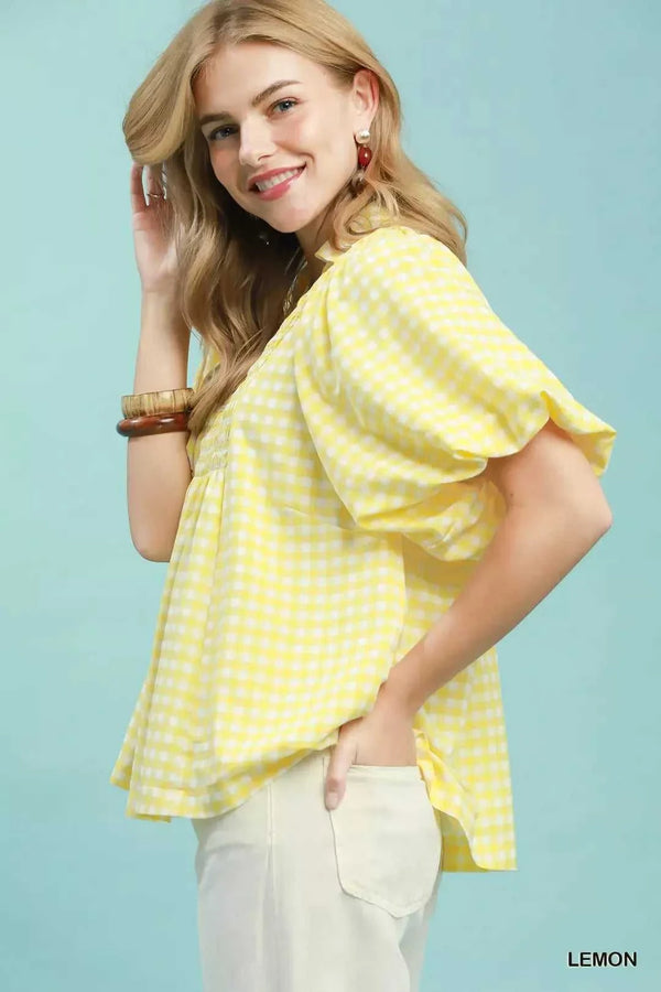 Umgee Smocked Yoke Puff Sleeve Gingham Blouse 100100656891648 53 Affordable Fashion Under $100 Jerry's Apparel 