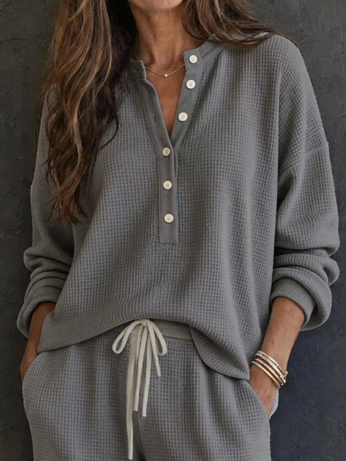 Waffle Knit Button Detail Top and Pants Set 101001629020741 57 Gifts for Her Jerry's Apparel 