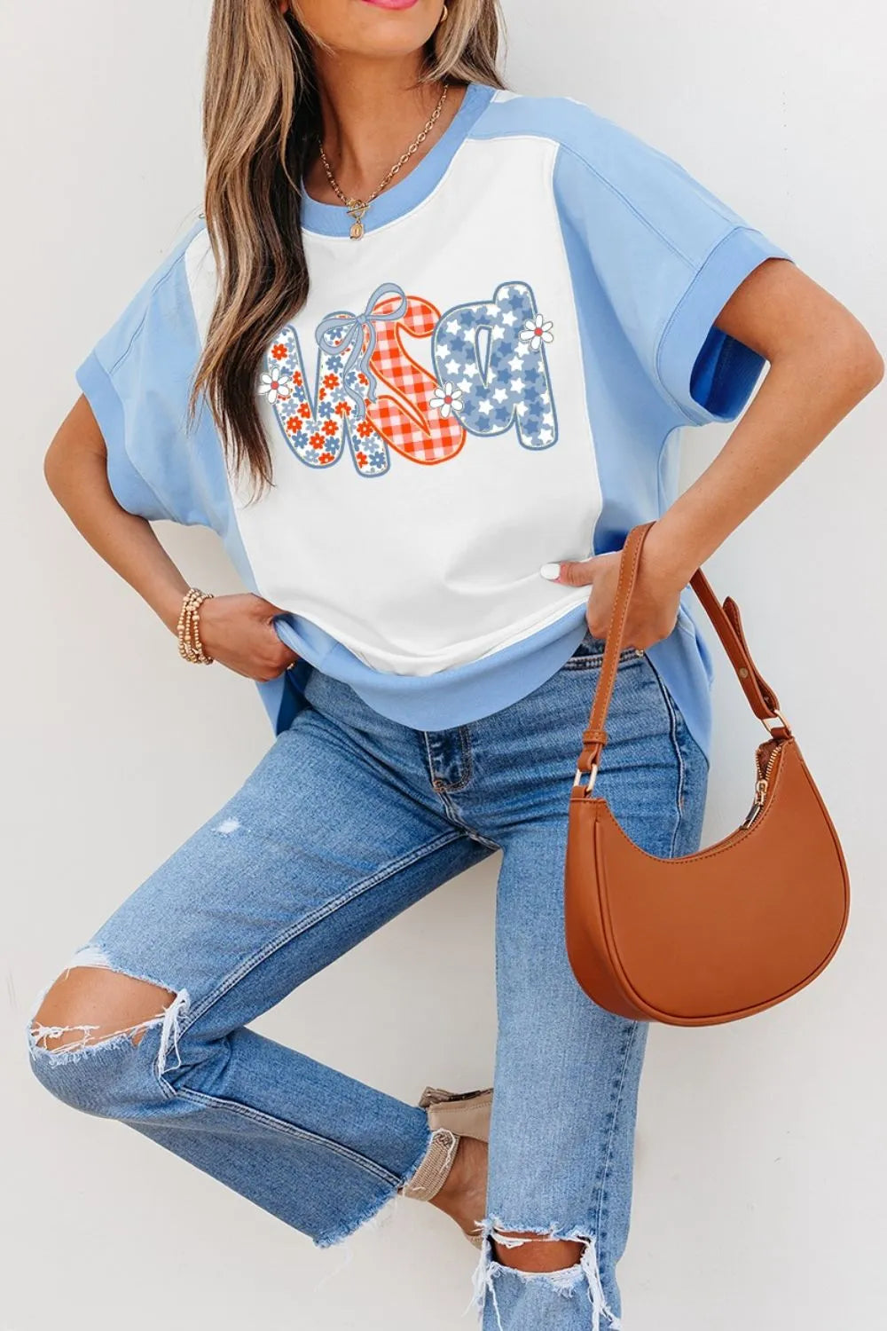 Star Plaid Flower USA Graphic Color Block Crewneck T Shirt