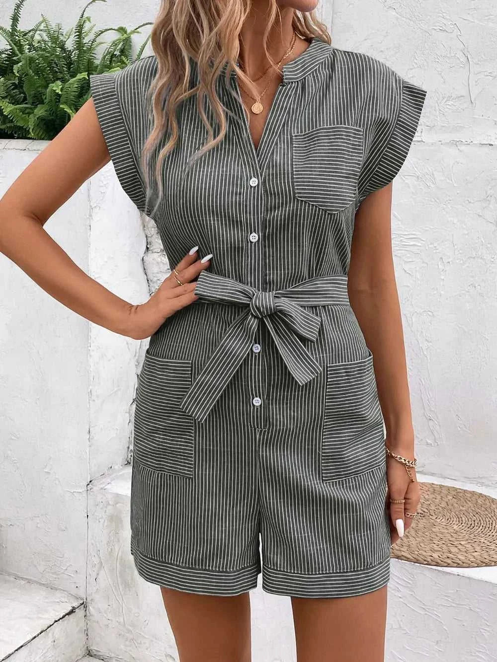 Perfee Striped Notched Tie Waist Romper 100100531531771 37 Affordable Fashion Under $100 Jerry's Apparel 