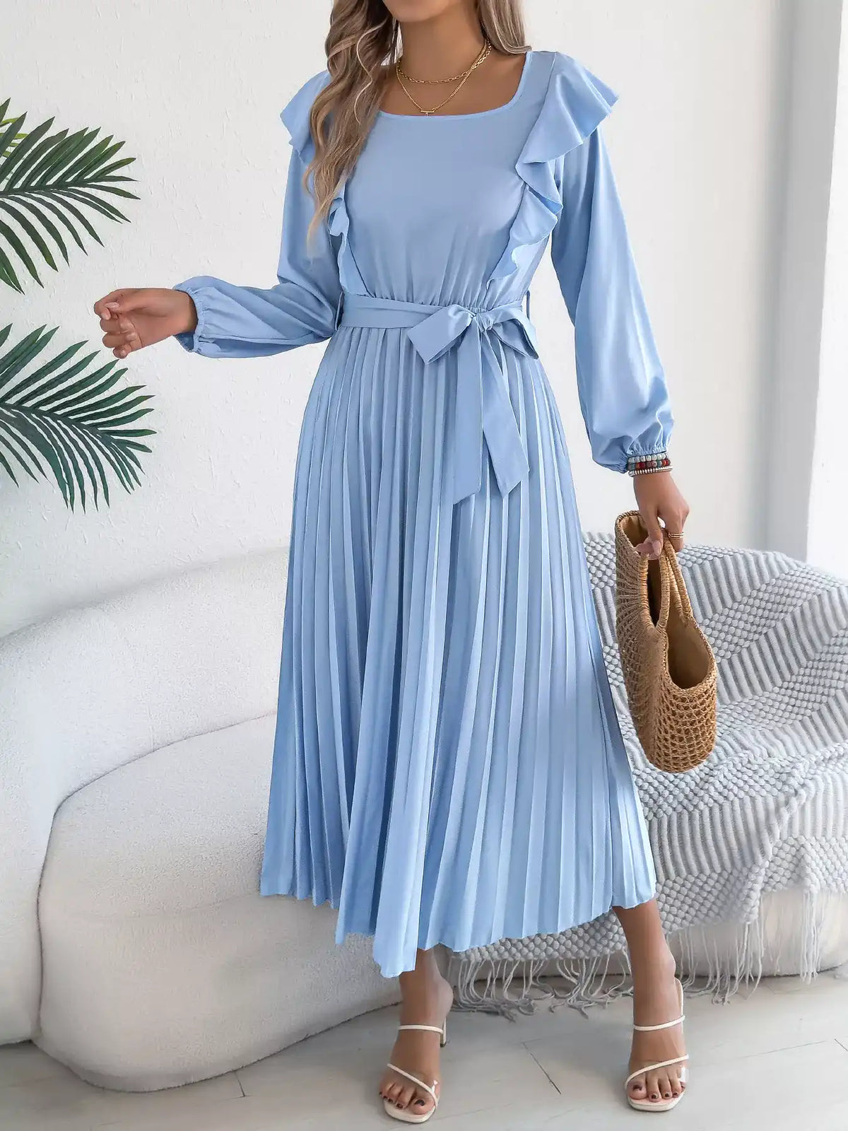 Ruffled Pleated Midi Dress with Waist Tie 101001197851740 44 Affordable Fashion Under $100 Jerry's Apparel 