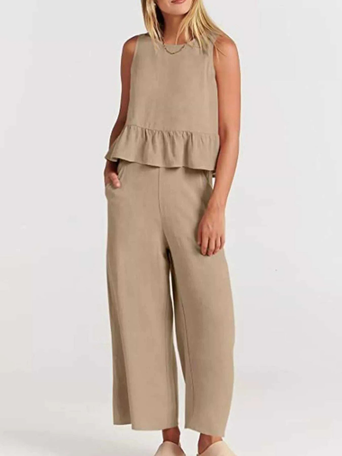 Full Size Ruffled Hem Sleeveless Top and Wide-Leg Pants Set Plus Size 100100048319818 31 Affordable Fashion Under $100 Jerry's Apparel 