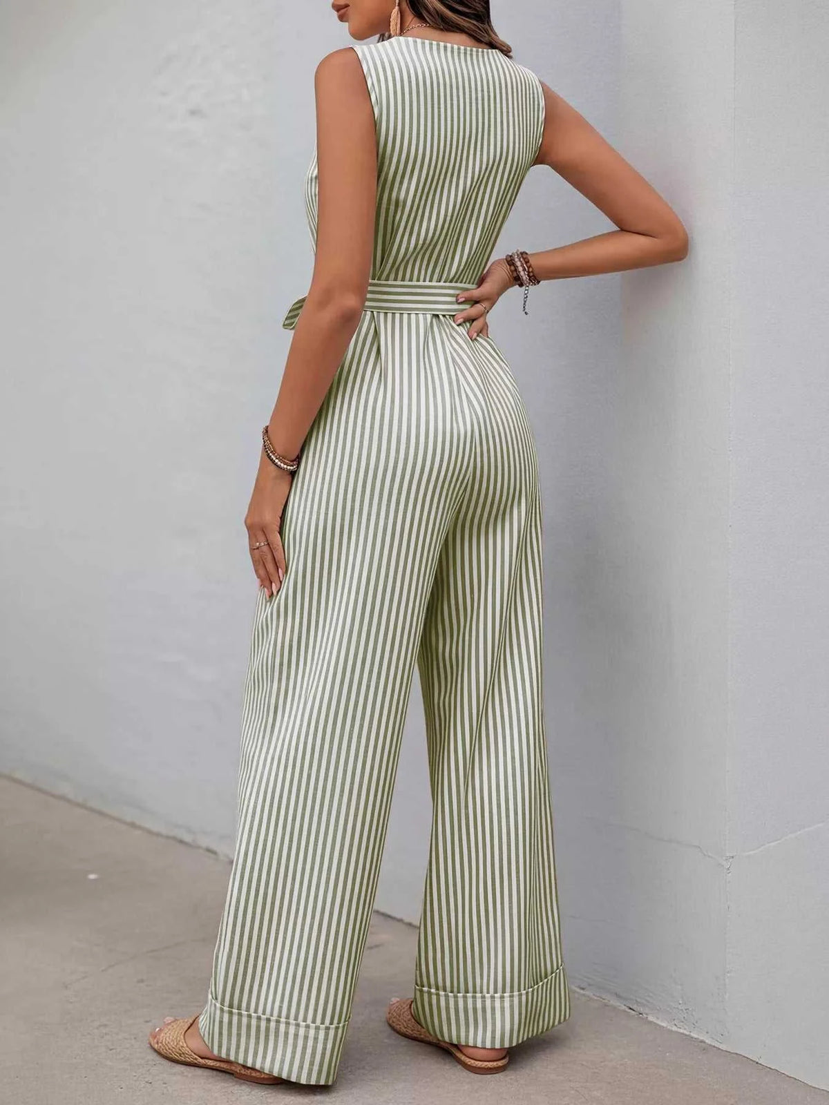 Striped Button-Front Tie Waist Wide Leg Jumpsuit 100100833661971 44 Affordable Fashion Under $100 Jerry's Apparel 