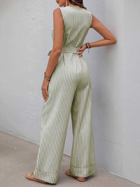 Striped Button-Front Tie Waist Wide Leg Jumpsuit 100100833661971 44 Affordable Fashion Under $100 Jerry's Apparel 