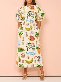 Printed Puff Sleeve Midi Dress