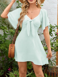 Smocked Back Knotted Flutter Sleeve Dress