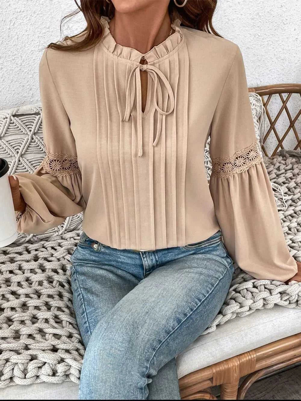 Perfee Frill Tie Neck Long Sleeve Blouse 100100140621598 33 Affordable Fashion Under $100 Jerry's Apparel 