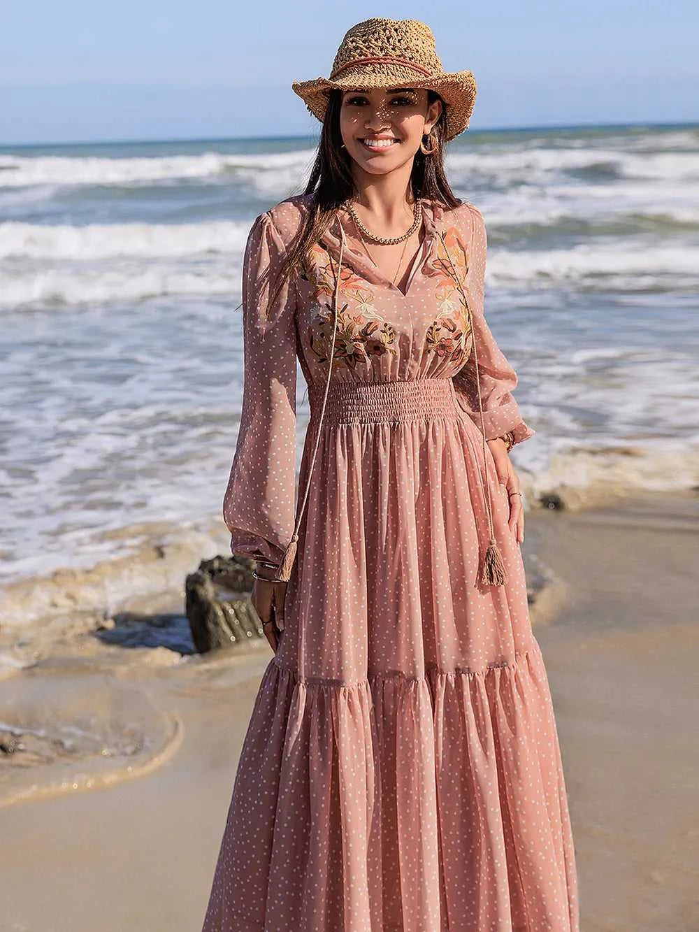 Embroidered Polka Dot Tie Neck Long Sleeve Midi Dress 100100423971743 52 Gifts for Her Jerry's Apparel 