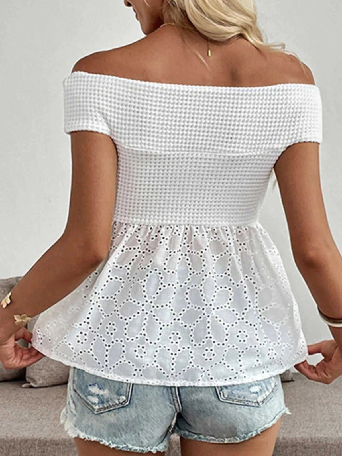 Eyelet Cutout Off-Shoulder Blouse 100100628931026 36 Affordable Fashion Under $100 Jerry's Apparel 