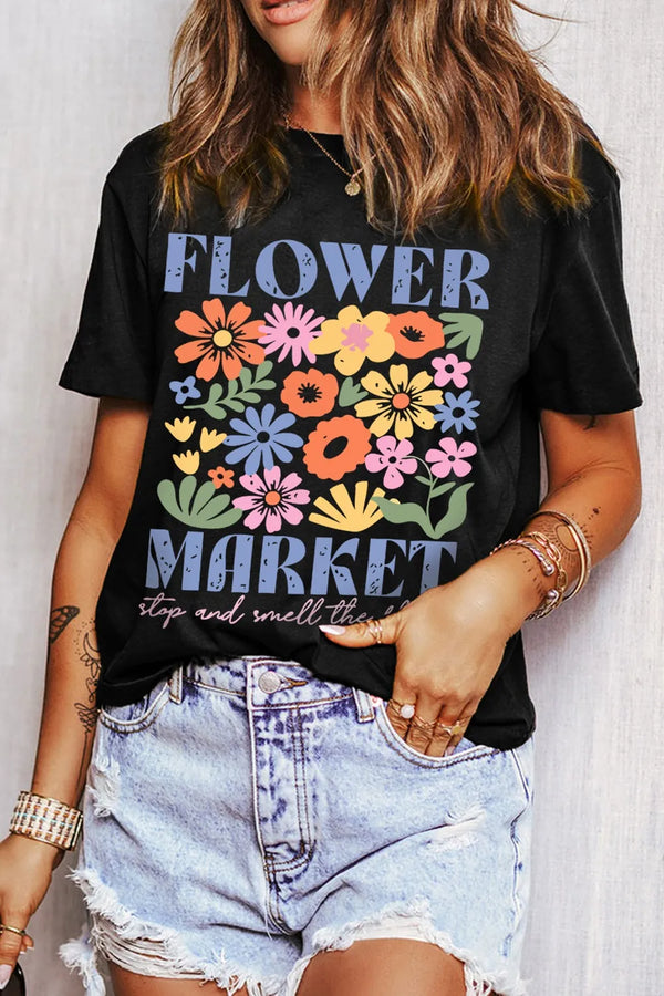 Flower Market Graphic Round Neck T-Shirt